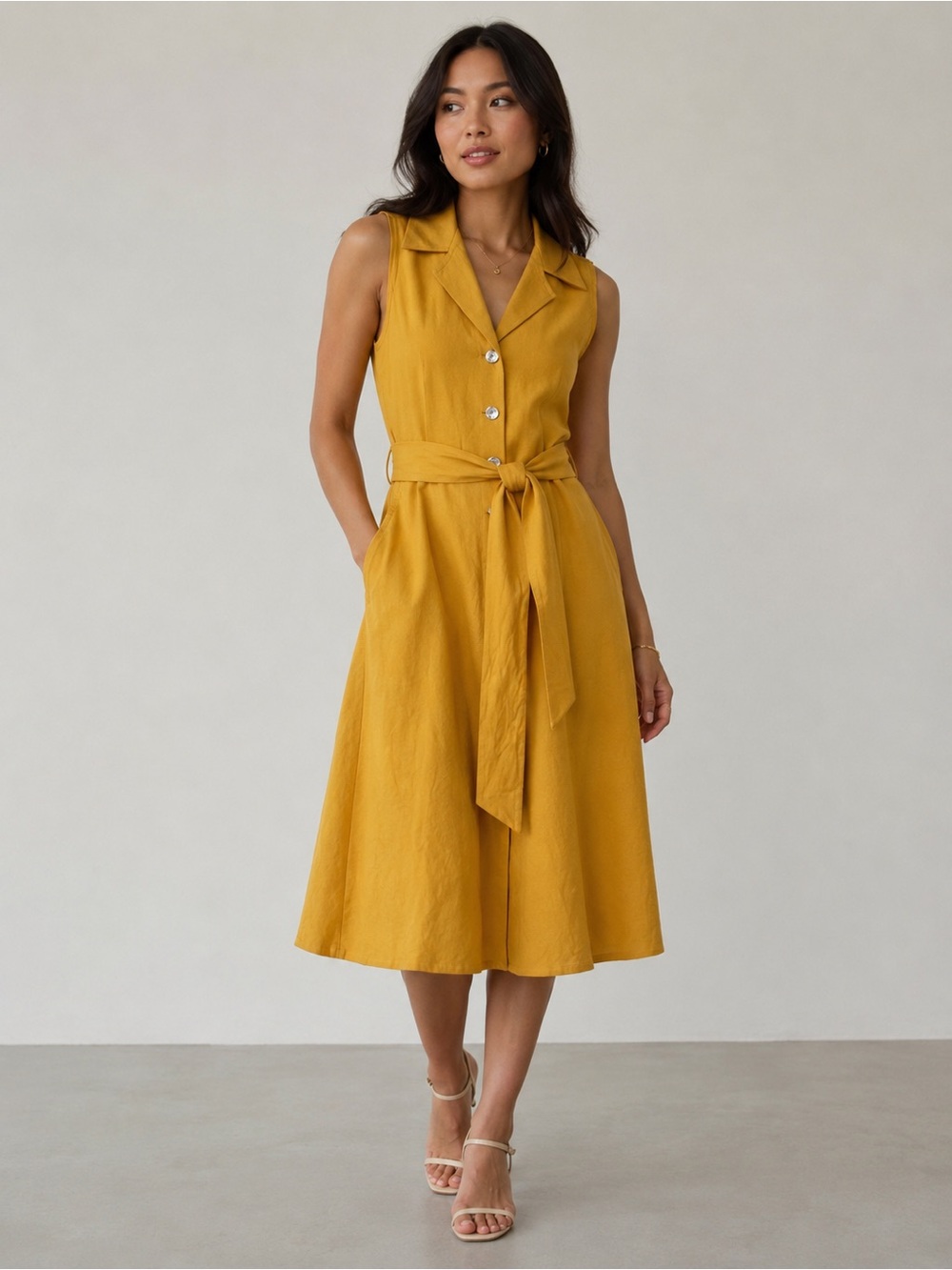 Coldwater Creek Full Button Down Dress 10P Belted Shell Buttons Yellow‎ Linen